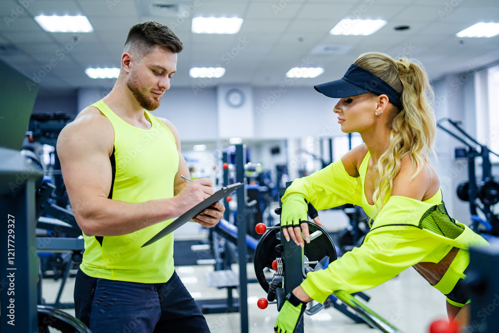 Obraz premium Fitness coaching in a bright gym setting. A fitness coach assists a female trainee in a well-lit gym, focusing on workout progress and motivation during training.