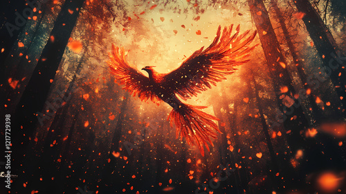 A phoenix with shimmering red and orange feathers soars gracefully in the sky above an enchanted forest in a digital art style wallpaper. Shimmering Forest. Illustration photo