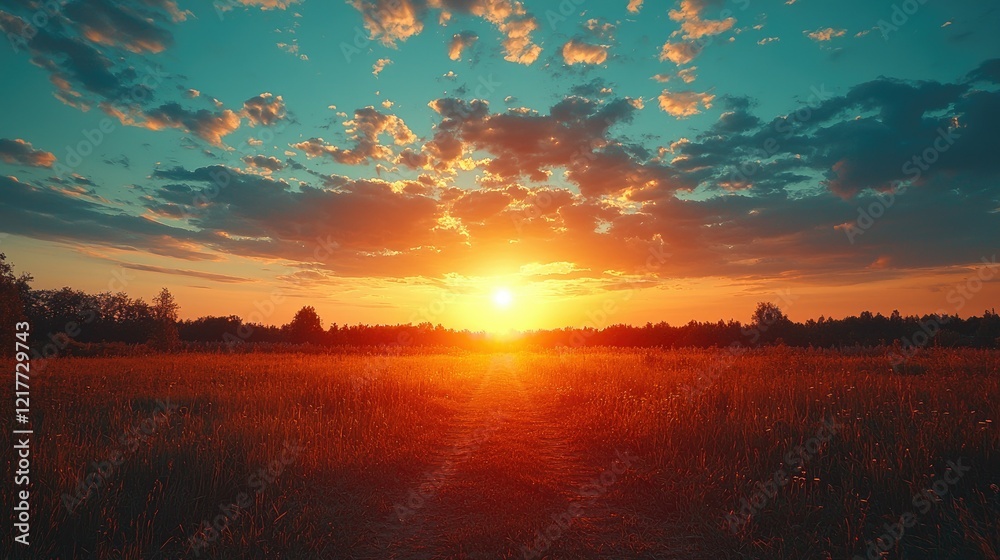 Obraz premium Sunset over grassy field path vibrant colors