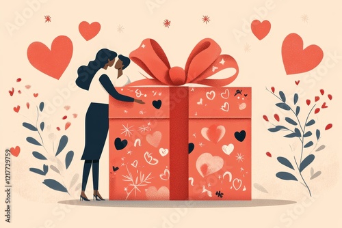 A couple embracing or holding hands in front of a large gift box decorated for Valentine's Day, romantic scene, love concept