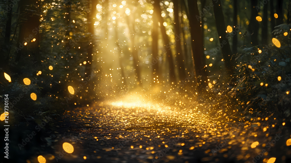 Naklejka premium Capture an enchanting scene of a shimmering gold dust trail disappearing into the depths of a mysterious, magical forest. magical forest whispers. illustration. Shimmering Forest. Illustration