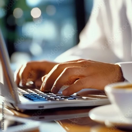 Person typing on a laptop with tea cup on one side