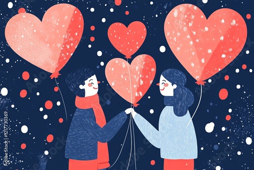 Couple holding heart-shaped balloons, smiling against a festive backdrop, cheerful celebration, perfect for Valentine’s Day celebrations