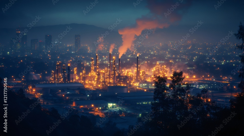 Obraz premium Oil refinery polluting the air in Santiago, Chile at dusk