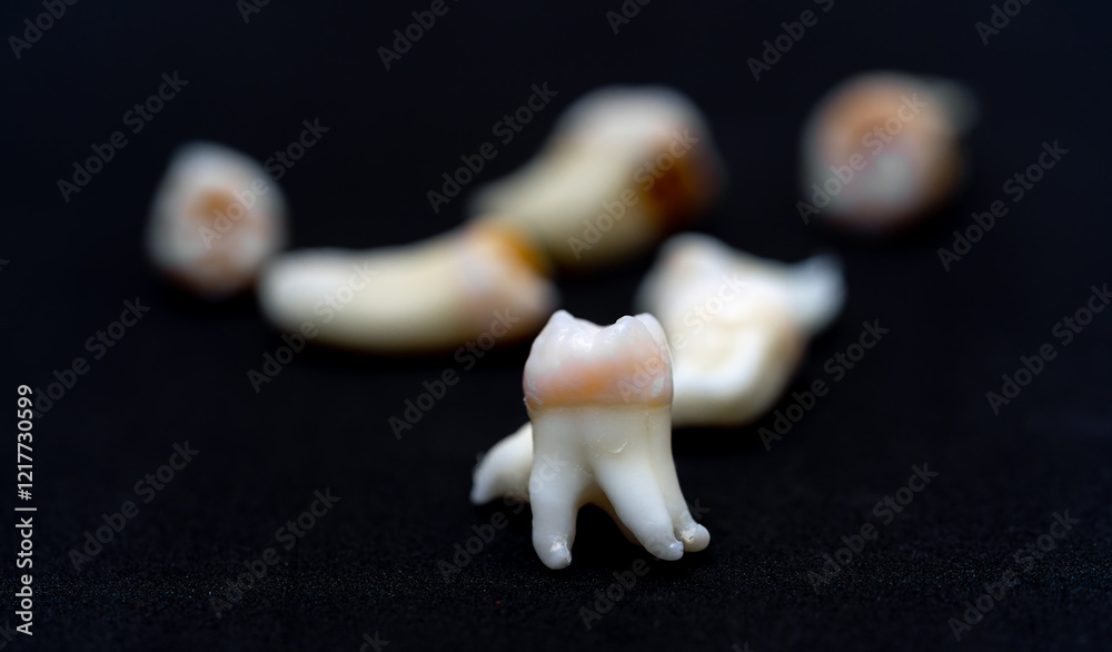 Odd display of extracted teeth. A collection of human teeth is displayed against a dark background, showcasing their various shapes and sizes. Odd display of extracted teeth. A collection of human teeth is displayed against a dark background, showcasing their various shapes and sizes.