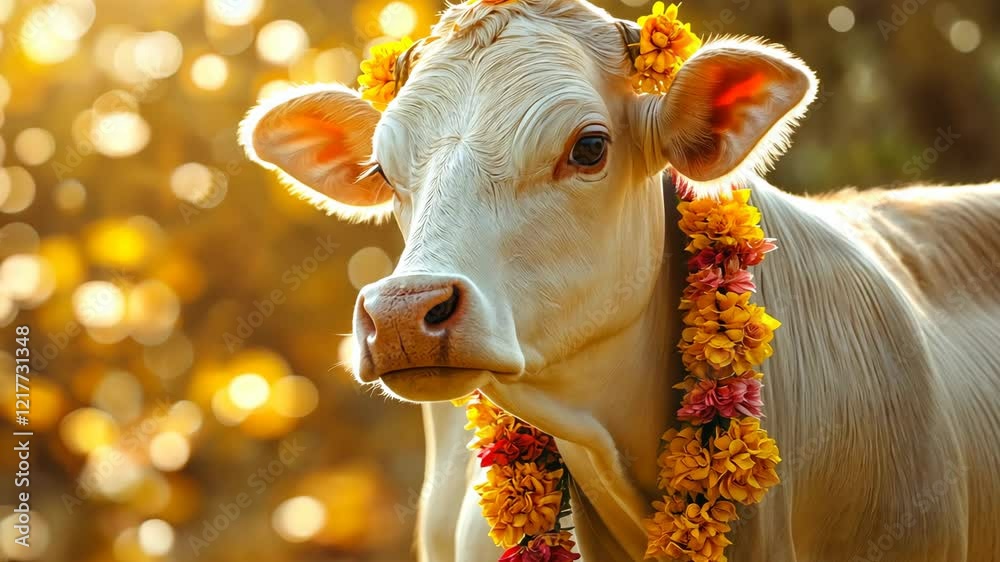 White cow adorned with yellow and orange marigold garlands, standing in soft sunlight with a glowing bokeh background. Indian culture and sacred animal concept. High quality 4k footage