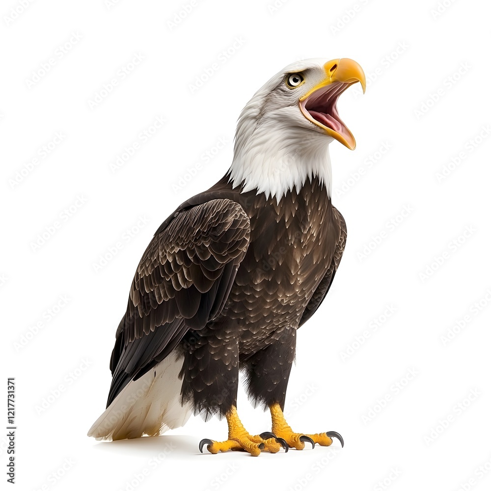 Obraz premium A majestic bald eagle stands with its beak open, showcasing its striking features and powerful presence.