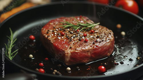 Piece of steak in frying pan. Frying pan, fried, steak rosemary, steam, meat, food. Steaming dish of meat and vegetables with rosemary. A frying pan with a steak, meat, lifestyle and skillet.