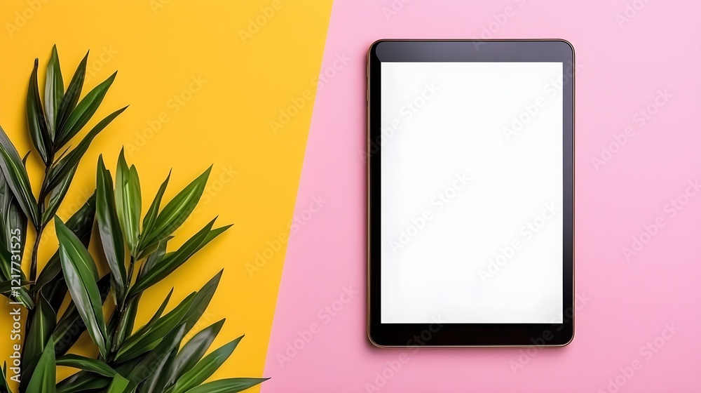 A blank tablet rests on a colorful background, complemented by a green plant, creating a vibrant and fresh aesthetic. A blank tablet rests on a colorful background, complemented by a green plant, creating a vibrant and fresh aesthetic.