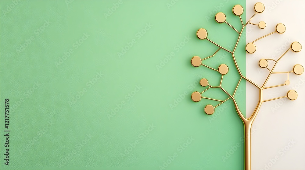 Fototapeta premium Golden tree design on a green and white background, conveying nature and creativity.