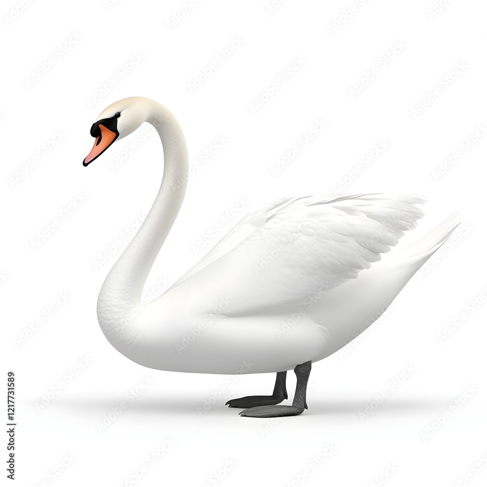 Obraz premium A graceful white swan with a long neck stands elegantly, showcasing its beautiful feathers and distinctive orange bill.