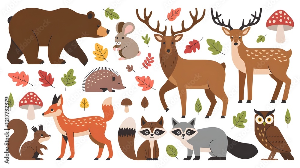 Obraz premium A colorful vector illustration of forest animals surrounded by vibrant autumn leaves and foliage