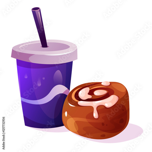 Fast food cartoon vector illustration. Cup of soda with cake