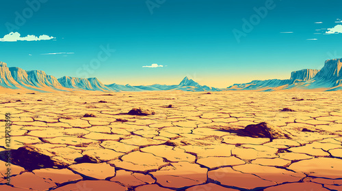 Expansive desert horizon with deeply cracked, parched ground. Solar Plains. Illustration