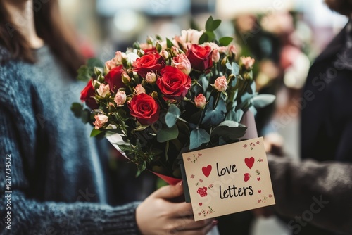 Coworkers exchanging Valentine's cards or flowers like red roses or small bouquets, 