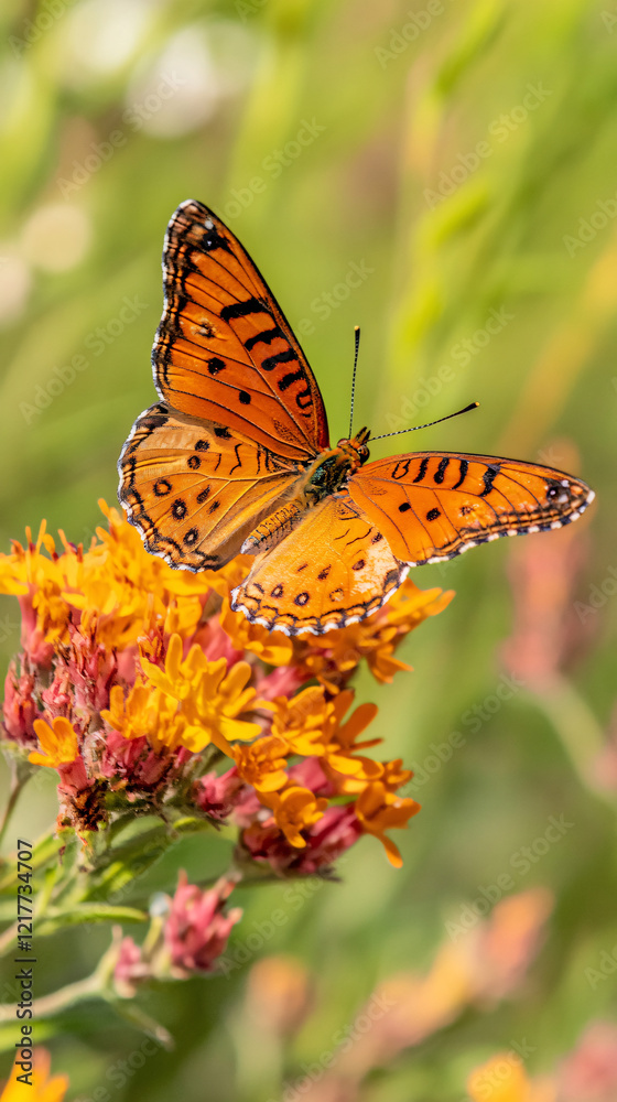 Fototapeta premium beautiful orange butterfly on yellow wildflowers in a meadow