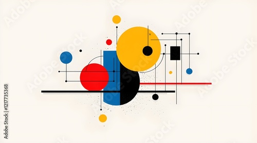 Abstract artistic composition featuring vibrant circles and geometric shapes in contrasting colors against a light background.