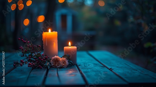 Evening ambiance with lit candles, flowers and berries on a wooden table outdoor creating a romantic atmosphere photo