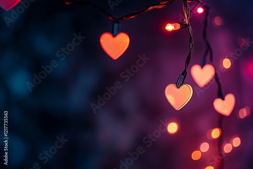 Dark gradient background transitioning from deep burgundy to black, glowing heart-shaped string lights, romantic and cozy evening vibe