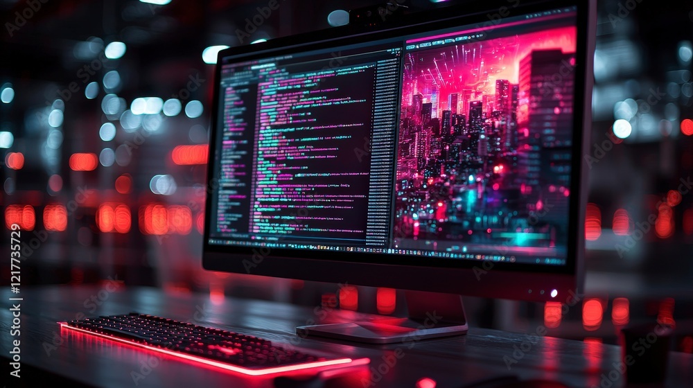 A stylish computer setup presents glowing code on the screen, with a backdrop of vibrant city lights, symbolizing the fusion of technology, creativity, and urban living. A stylish computer setup presents glowing code on the screen, with a backdrop of vibrant city lights, symbolizing the fusion of technology, creativity, and urban living.