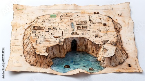 A detailed treasure map illustration featuring a coastal cave, surrounded by cliffs and water, showcasing various landmarks and routes.