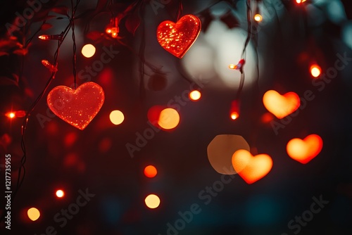 Dark gradient background transitioning from deep burgundy to black, glowing heart-shaped string lights, romantic and cozy evening vibe