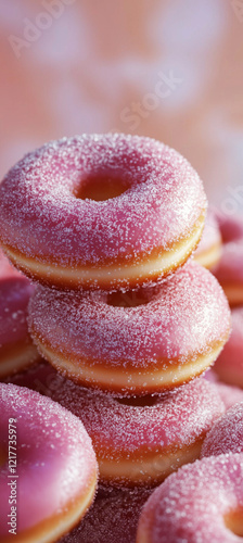 sugar-dusted doughnuts, a stack on top with one showing through the pile. The background is light gray and white. photo