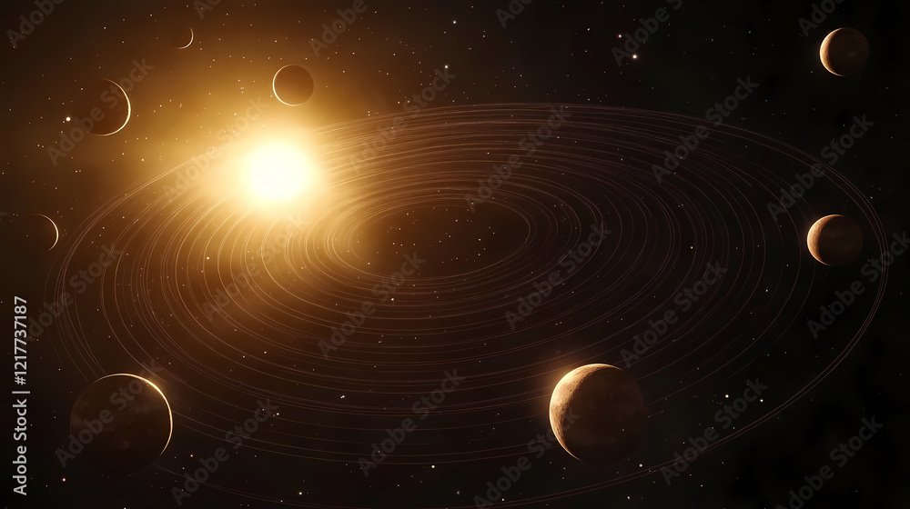 Obraz premium A plain solar system with planets, minimalist 2d vector, simple circular orbits, basic planet shapes, clean and clear. Solar Plains. Illustration