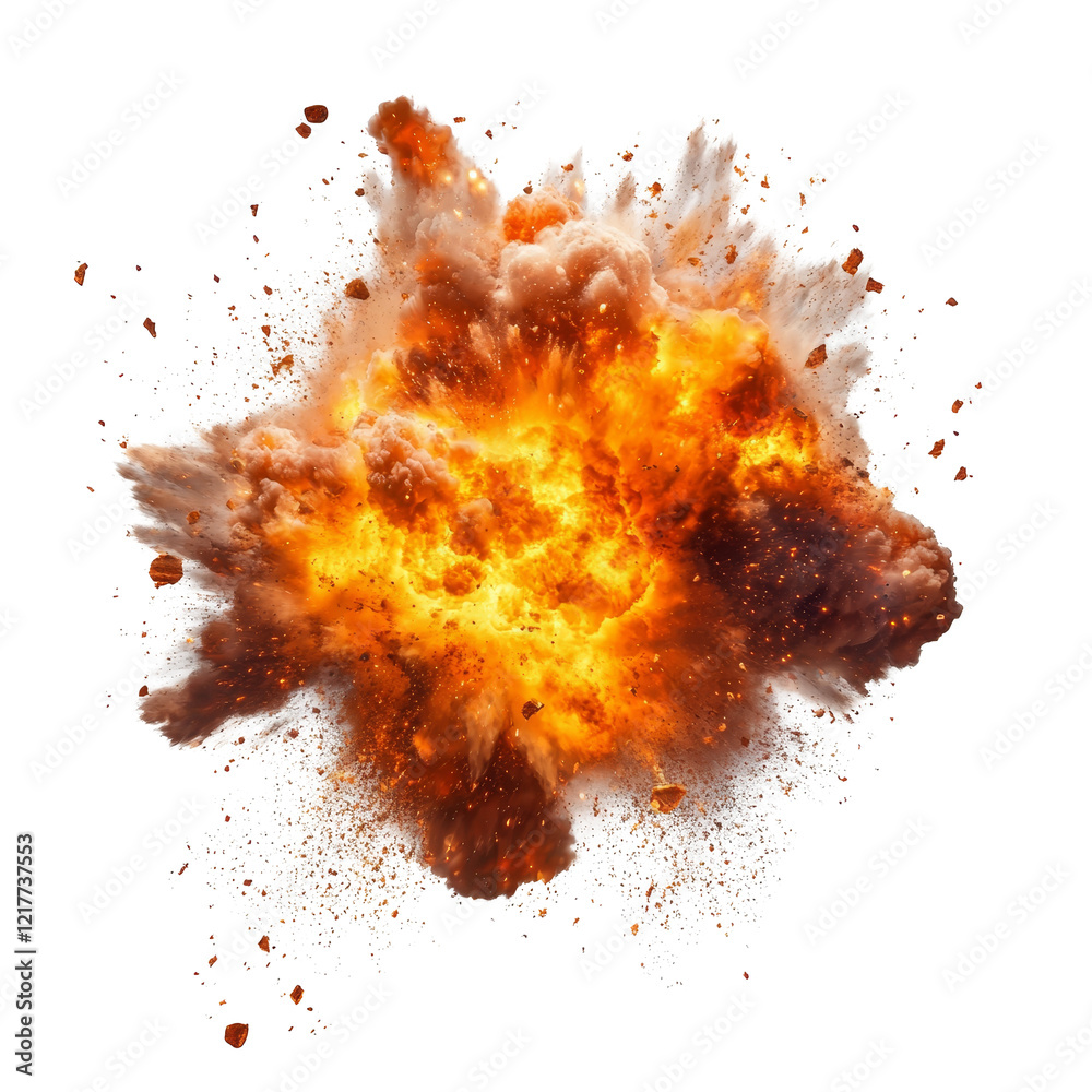 A fierce explosion of flames and debris against a stark transparent background highlights fires intensity, explosion of fire on a transparent background