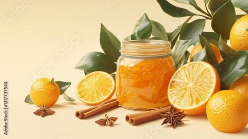 A jar of calamansi marmalade surrounded by fresh calamansi, cinnamon sticks, and star anise, isolated on a warm beige background photo