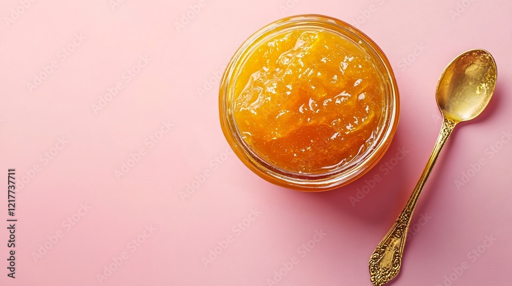 A luxurious jar of calamansi marmalade with gold foil accents and a vintage spoon, isolated on a pastel pink surface A luxurious jar of calamansi marmalade with gold foil accents and a vintage spoon, isolated on a pastel pink surface