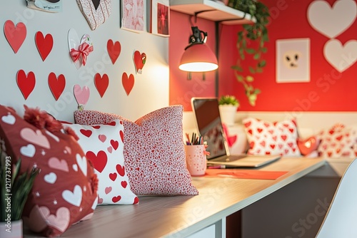Decorated office space with small pillows or tablecloths featuring Valentine's Day prints, heart-shaped decorations on walls and desks