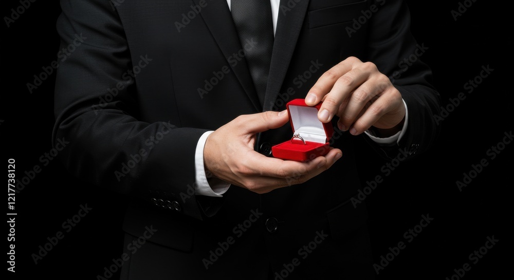Fototapeta premium A person from the waist up dressed in a formal black suit with a white shirt and the individual is holding a red engagement ring box in his right hand seems proposing for valentine's day
