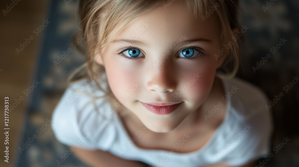 Child with bright blue eyes and rosy cheeks gazing directly at the camera, wearing a white shirt with softly blurred surroundings in a warm, natural light setting Child with bright blue eyes and rosy cheeks gazing directly at the camera, wearing a white shirt with softly blurred surroundings in a warm, natural light setting