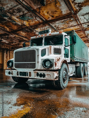 Vintage truck with a weathered exterior parked in an industrial setting.