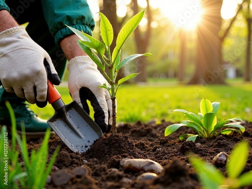 Planting tree seedlings in moist soil in a park on a sunny spring day with hands in protective gloves using garden tools.