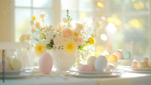 A festive table displays a vase filled with colorful flowers and decorative eggs, celebrating the spirit of Easter.