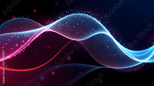 Flowing dot particles wave pattern gradient light isolated on black background. Vector in concept of AI technology, science, music. Generative AI