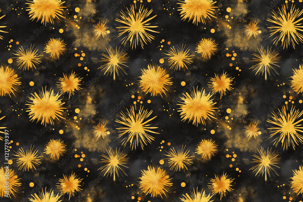 Obraz premium Seamless watercolor yellow fireworks in the sky at night pattern wallpaper
