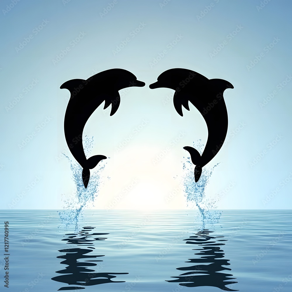 Fototapeta premium Dolphins leap gracefully through the water at sunset, showcasing their playful nature