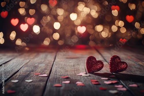 Romantic Valentine's Day background with wooden surface, heart-shaped lights, and glittery heart confetti for a cozy atmosphere