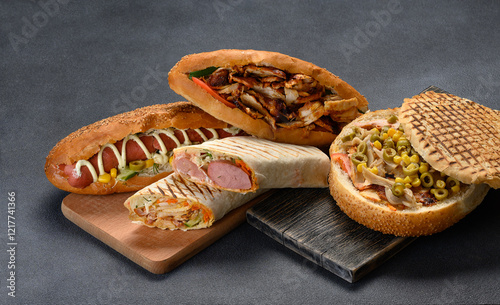 delicious shawarma, sausage and doner