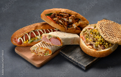 delicious shawarma, sausage and doner
