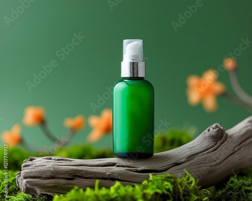 A green bottle of skincare product prominently displayed on a piece of driftwood. The background is simple and elegant, with a solid green color that matches the bottle. photo