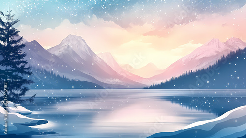 Serene fantasy winter lake scene with snow-capped mountains and sparkling waters under a magical sky featuring ample copy space for text. Sparkling Lake. Illustration photo