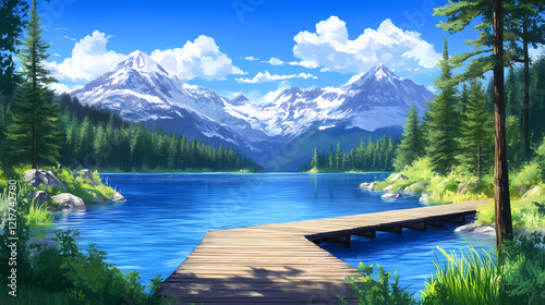 Serene mountain lake with crystalclear water, surrounded by evergreen trees and snowcapped peaks, with a wooden dock extending into the water, in beautiful anime style. Sparkling Lake. Illustration photo