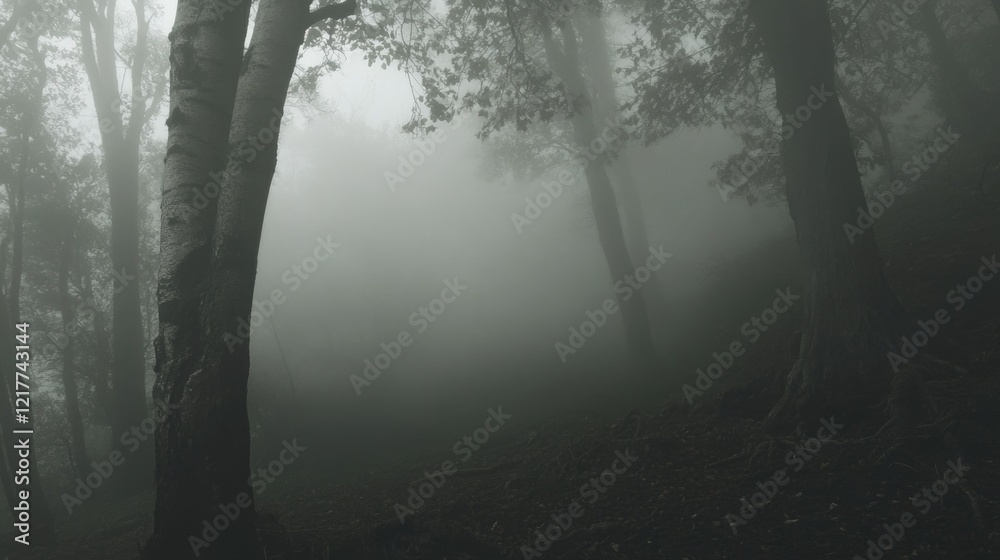 Obraz premium Misty forest scene with tall trees on a foggy day