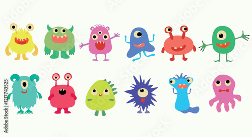 A collection of colorful, cute monsters with unique shapes and features. The illustration includes a variety of designs: monsters with one or multiple eyes, horns, sharp teeth