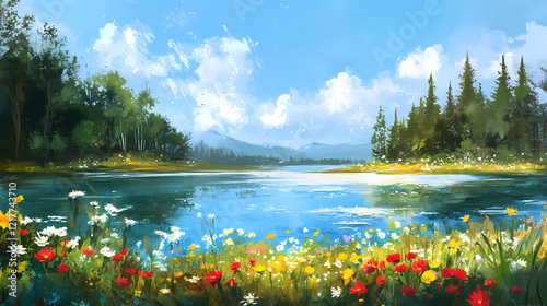 Thawing lake, wildflowers adorn a thawing lake sparkling in sunlight. Sparkling Lake. Illustration