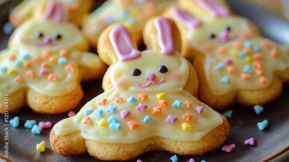 A festive plate of cookies adorned with white frosting and colorful sprinkles, perfect for Easter celebrations.